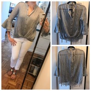 NWOT Wrap Front Blouse, Gray Textured Voile